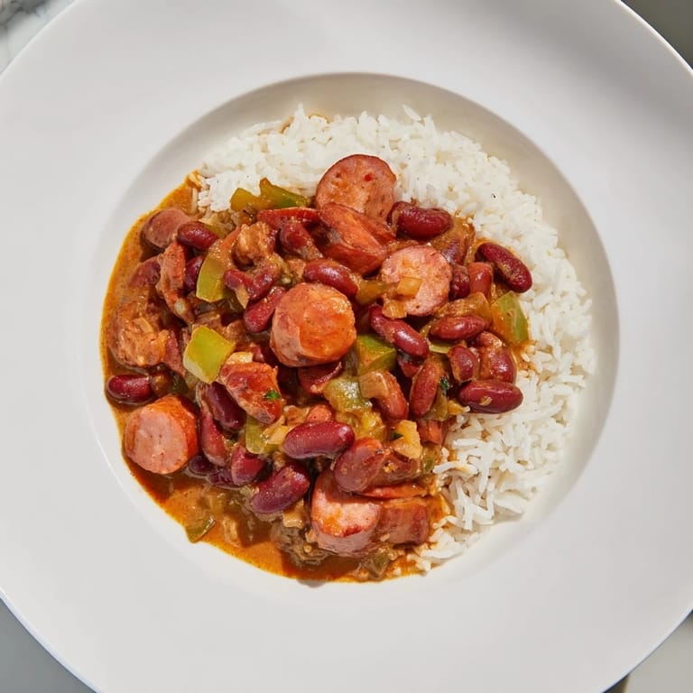 Close-up of hearty Red Beans & Rice: flavorful, comforting, served with fluffy white rice.