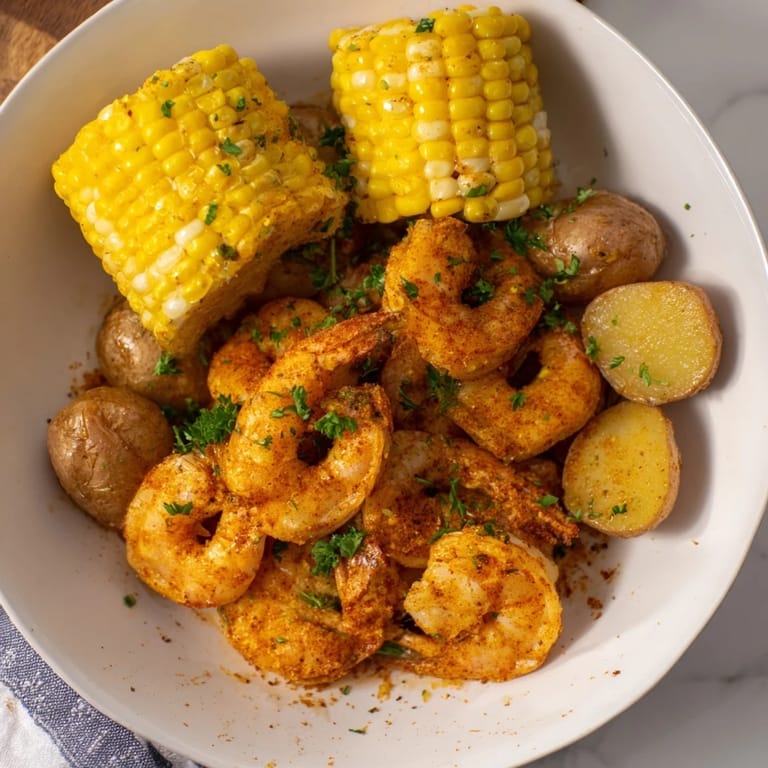 Golden brown Cajun Shrimp & Sweet Corn Platter, a delightful summer meal, with lemon garnish.