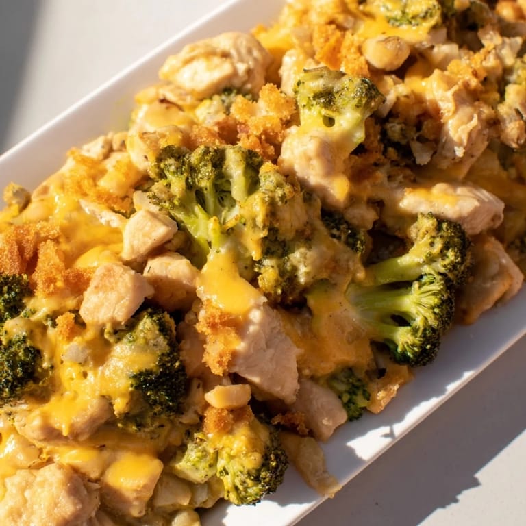 A close-up of a bubbling Chicken & Broccoli Cheddar Bake with a crispy, golden breadcrumb topping.