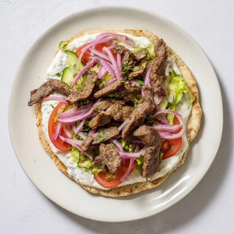 Homemade beef shawarma in warm flatbread, served with yogurt sauce and fresh, colorful garnishes.