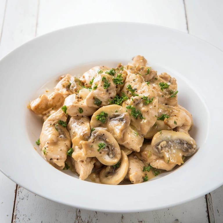 This Creamy Chicken Stroganoff features golden chicken pieces in a luscious, creamy mushroom gravy, ready to serve.
