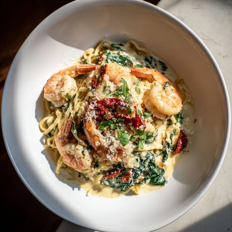 A close-up of creamy Tuscan garlic shrimp pasta, perfectly plated for a delicious Italian meal.