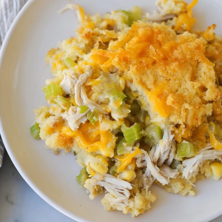 A bubbling, inviting pan of Southern Cornbread Chicken Casserole with a crispy cornbread crust.