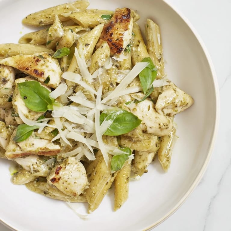 Imagine the flavors: this Creamy Pesto Penne & Chicken boasts perfectly cooked pasta with basil-infused cream.