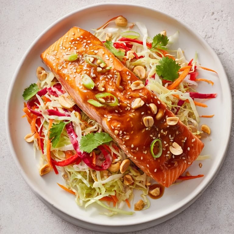 Moist, flavorful Teriyaki Salmon paired with a colorful, crunchy Asian slaw, ready to enjoy.