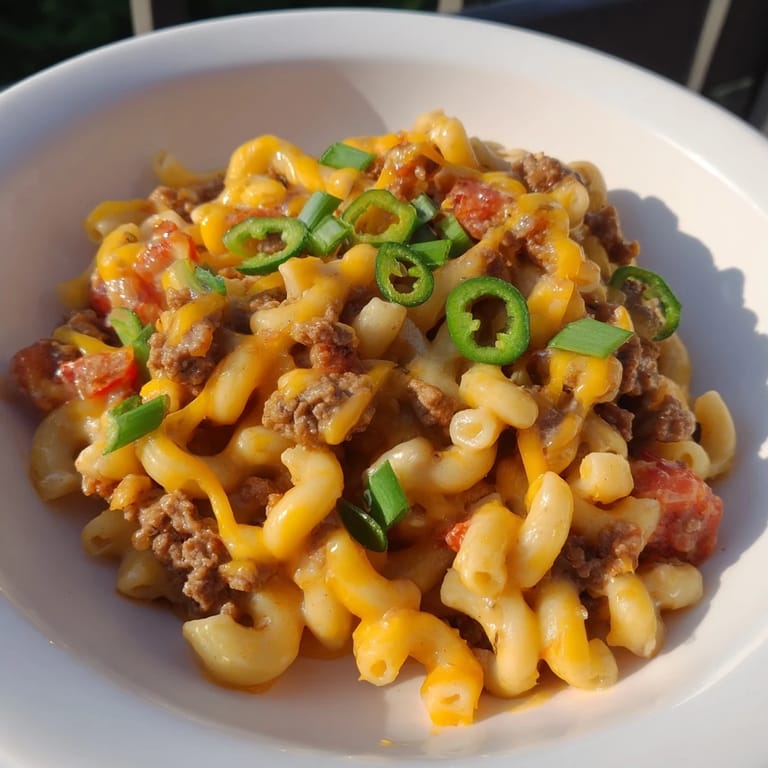 Beautifully plated Chili Cheese Dog Mac & Cheese garnished with green onions; a perfect comfort food.