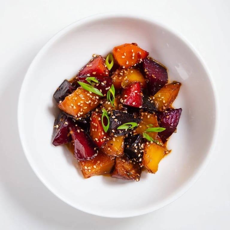 Vibrant Miso Roasted Winter Vegetables with toasted sesame seeds, offering a delightful blend of sweet and umami flavors.