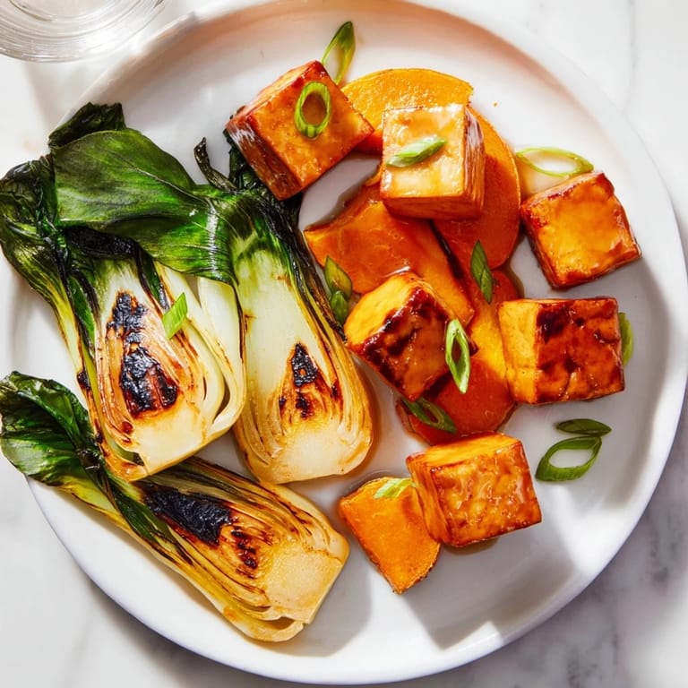 Vibrant photo shows the crispy miso-glazed tofu and squash alongside steamed bok choy.
