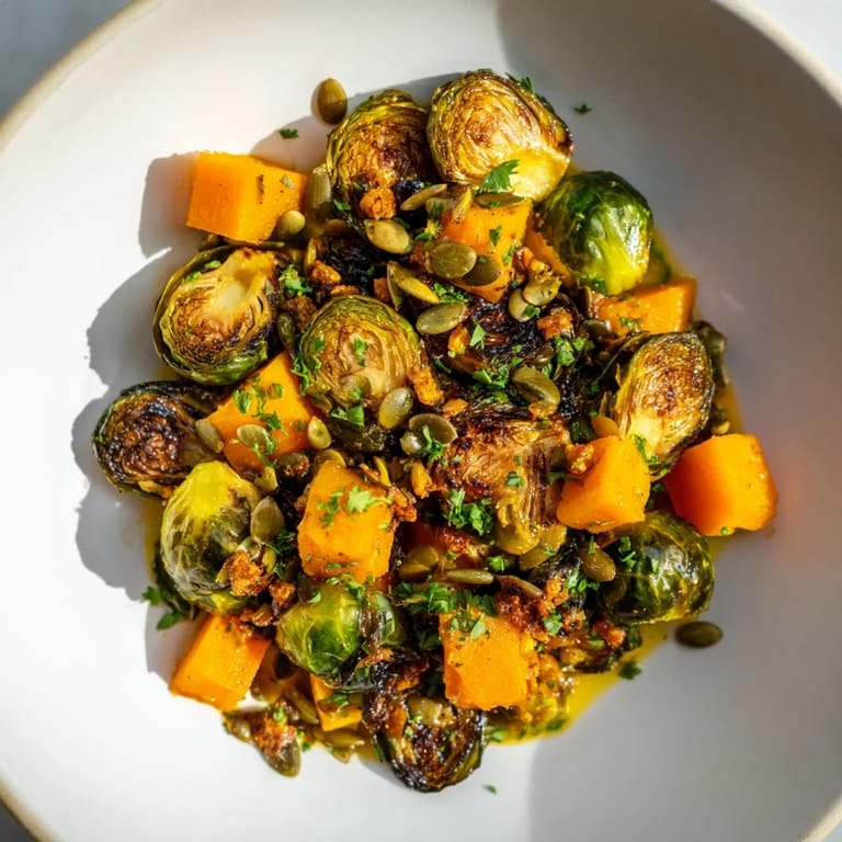 Tender roasted butternut squash and Brussels sprouts, with a bright citrus orange dressing on top.
