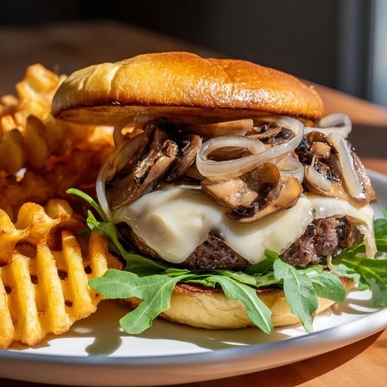 Delicious Mushroom Swiss Burger, stacked high with sautéed mushrooms, Swiss cheese, and served with crispy waffle fries ready to eat.