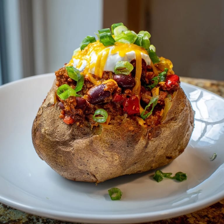 A close-up of a fully loaded Chili-Style Baked Potato with vibrant, colorful chili and fresh toppings.