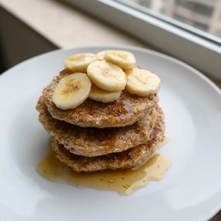 Close-up of freshly cooked banana oat pancakes, showcasing their soft, textured goodness and visual appeal.