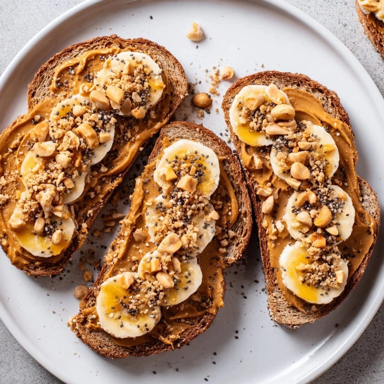 A close-up view of a gourmet Peanut Butter & Banana Sandwich Upgrade, garnished with honey and roasted peanuts.