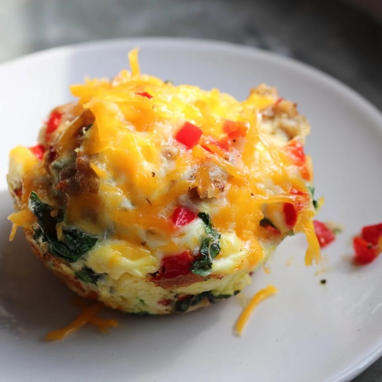 Fluffy, cheesy One-Pot Breakfast Casserole Muffins with visible chunks of red bell pepper and spinach; a delicious, easy meal.