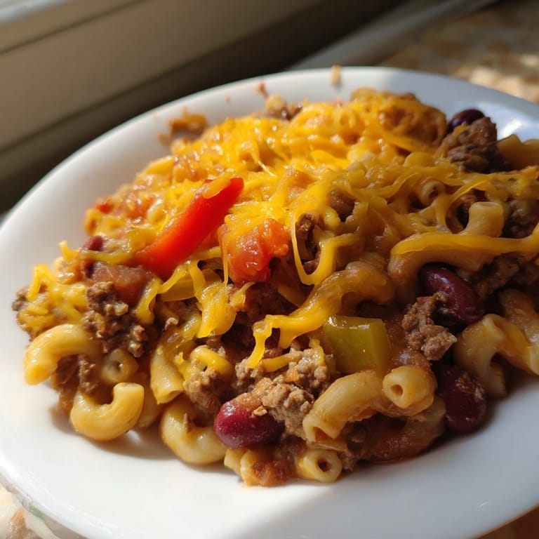 A close-up shot of a bubbling Cheeseburger Chili Mac Skillet, ready for a hearty dinner.