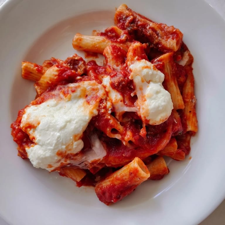 Savory slow cooker baked ziti with melted mozzarella and ricotta, steaming and ready to eat.