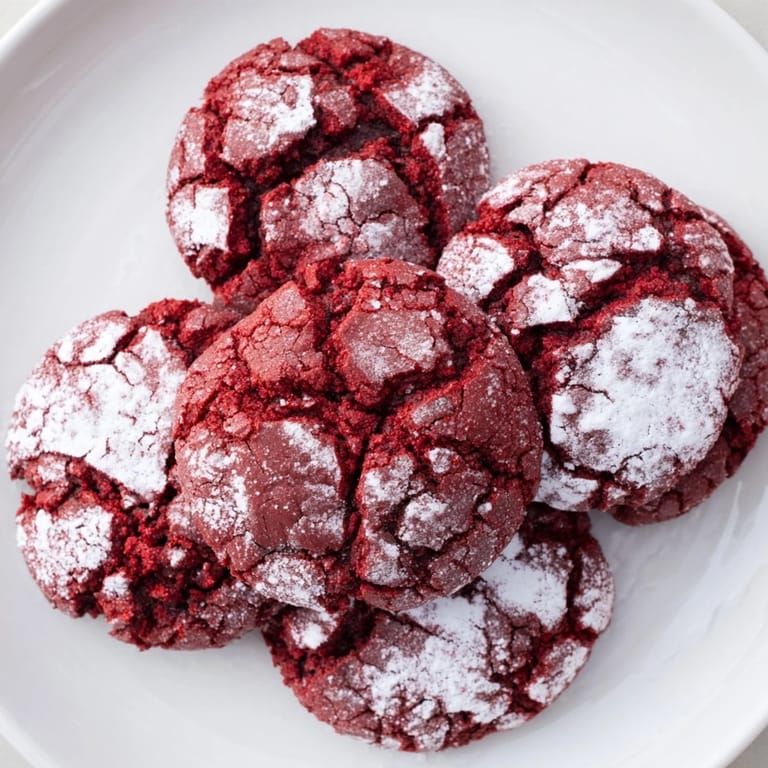 A close-up shot of soft, ruby-red Red Velvet Chocolate Crinkle Cookies with crinkled tops.