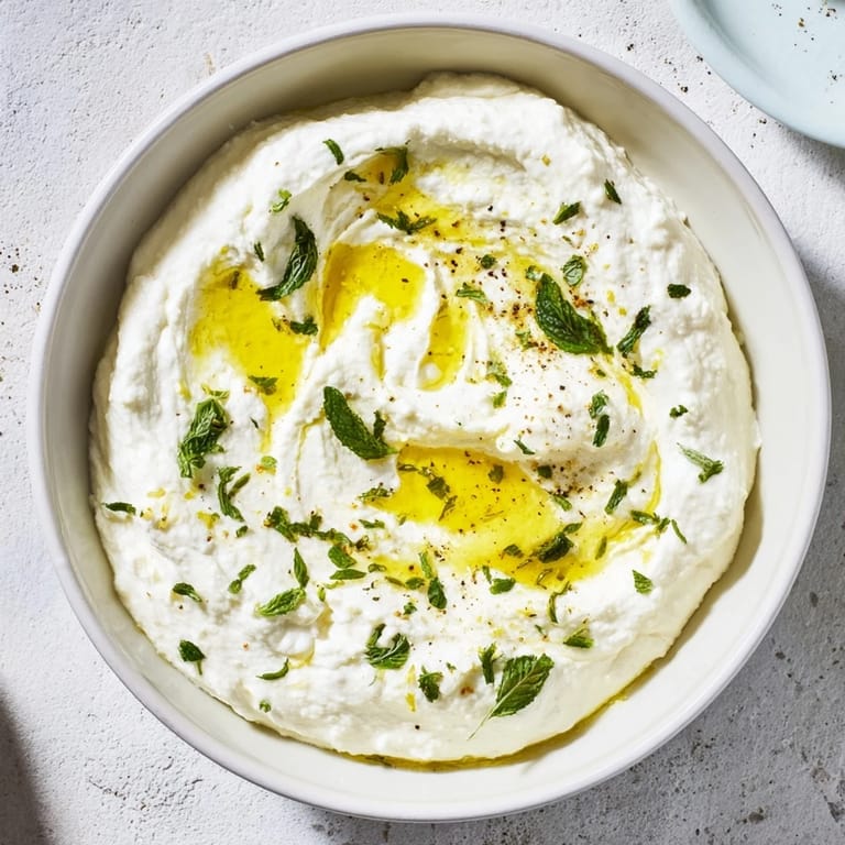 A bright, refreshing photo of whipped feta dip crowned with zesty lemon-mint drizzle.