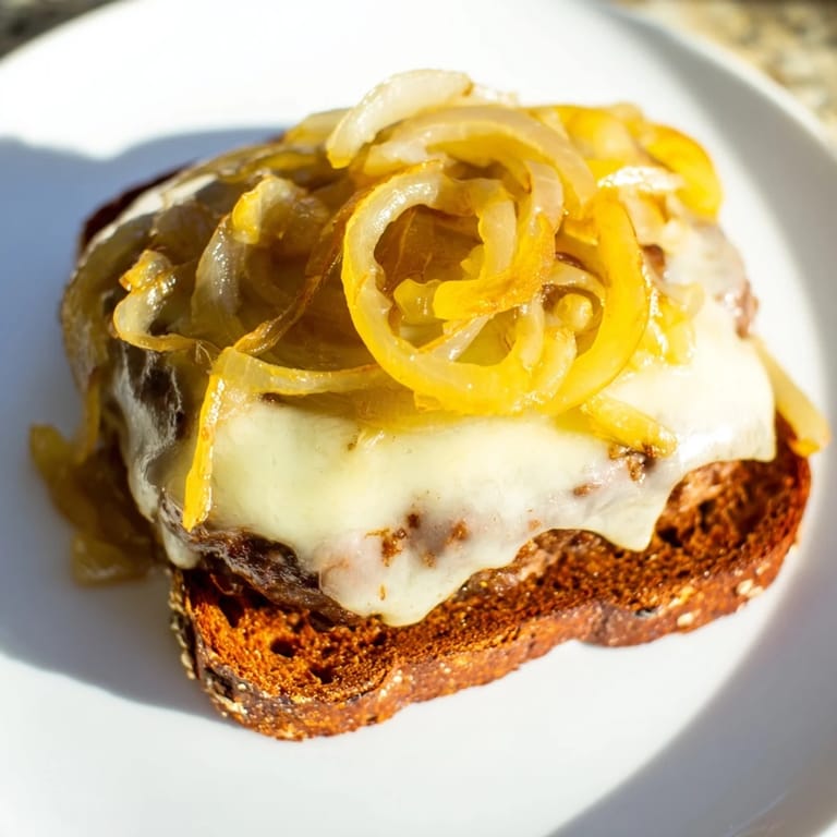 Golden-brown rye bread surrounds the savory Patty Melt Skillet, filled with beef and cheese, ready to eat.