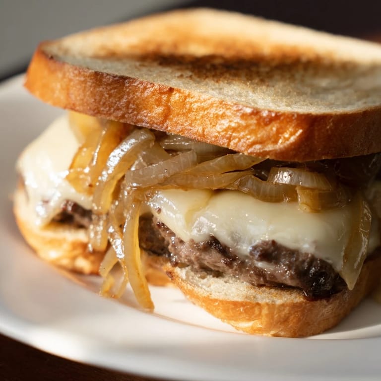 Close-up shot shows a juicy Patty Melt Skillet sandwich with oozing cheese, a perfect diner meal.
