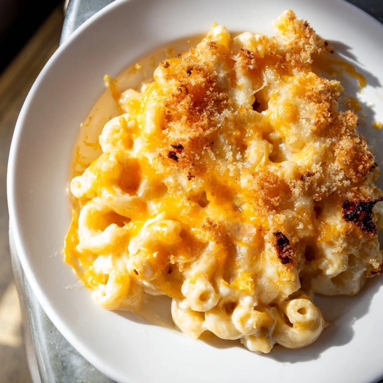 A close-up of creamy, cheesy Old-Fashioned Baked Mac & Cheese, fresh from the oven, ready to serve and enjoy.