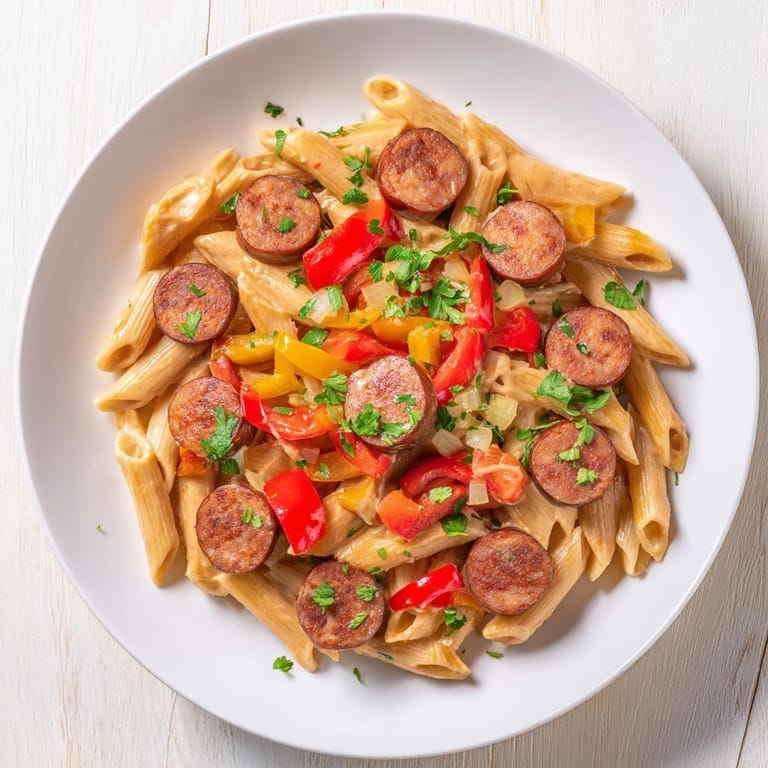 Close-up of the flavorful Smoked Sausage Cajun Alfredo; look at that creamy, perfectly seasoned pasta!