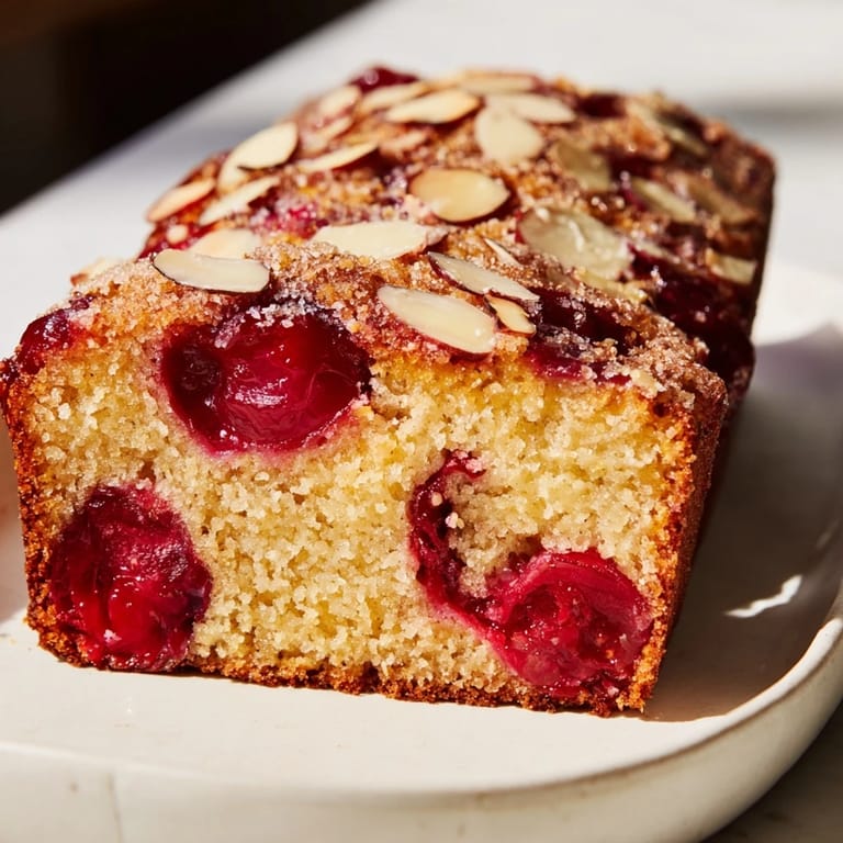 Tender slices of Cherry Almond Loaf Cake, showcasing juicy cherries and a delicate almond flavor.