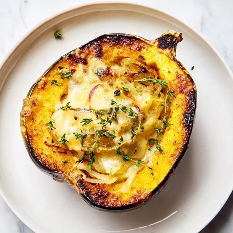 Warm, cheesy Caramelized Onion Gruyere Acorn Squash with tender squash and rich, golden onions awaits.