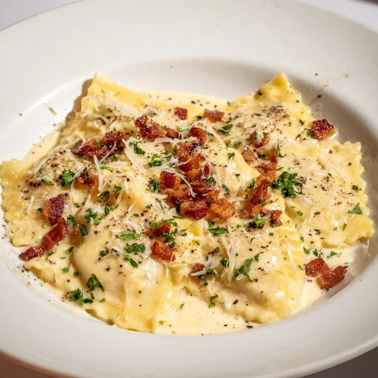 Golden brown pancetta topping this rich Olive Garden Ravioli Carbonara, covered in Parmesan cheese.