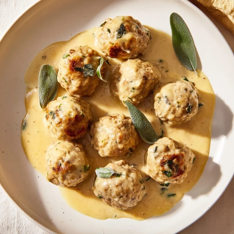 A flavorful swirl of pumpkin sage sauce coats delicious Easy Turkey Meatballs, an inviting and aromatic fall favorite.