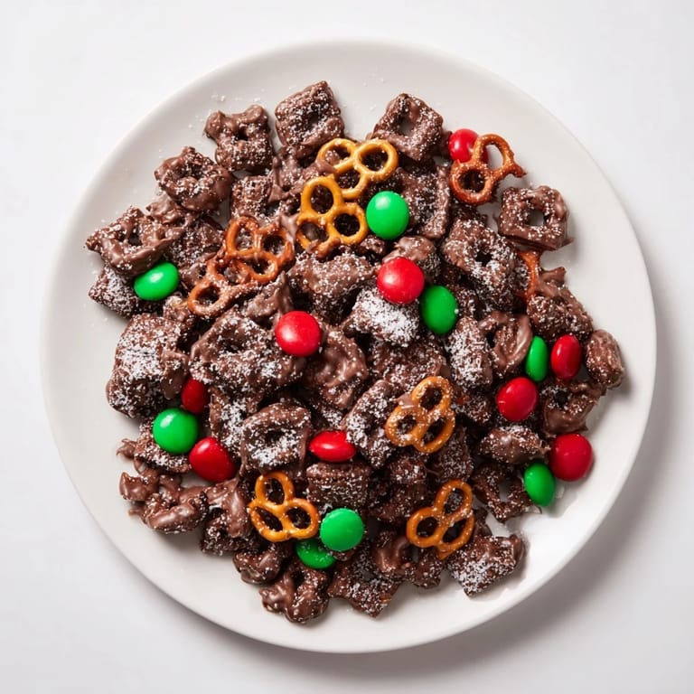Homemade Simplified Reindeer Chow recipe with colorful candies, ideal for gifting during the holidays.