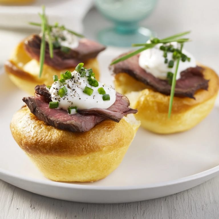 Warm, airy Express Holiday Yorkshire Pudding Bites, ready to enjoy as a flavorful party appetizer with loved ones.