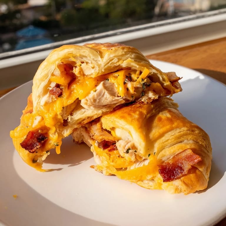 Mouthwatering image of flaky Cheesy Chicken and Bacon Crescent Rolls, a savory appetizer perfect for sharing.