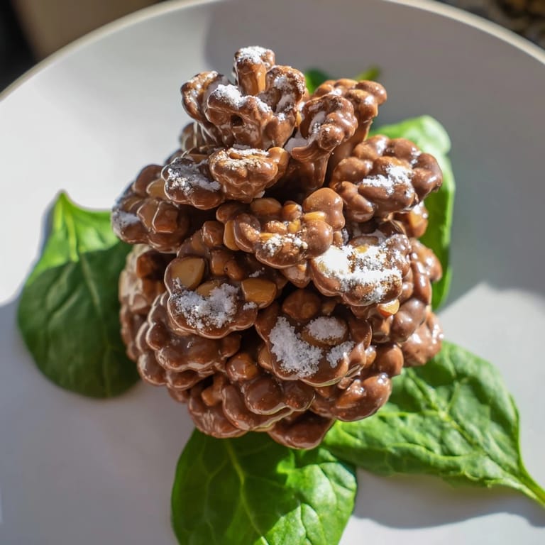 Image shows a finished, snowy dusting on the adorable Coco Pop Chocolate Pinecone Dessert Salad, a fun treat.