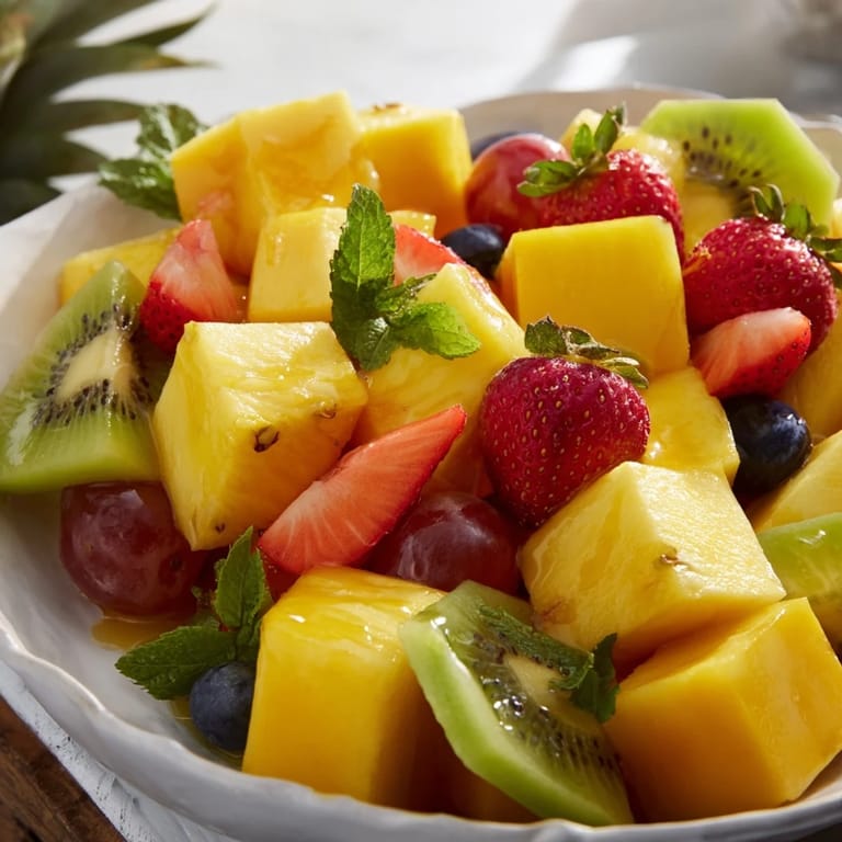 A beautiful Tropical Pineapple Fruit Boat filled with juicy mango, kiwi, and berries, ready to serve and enjoy.