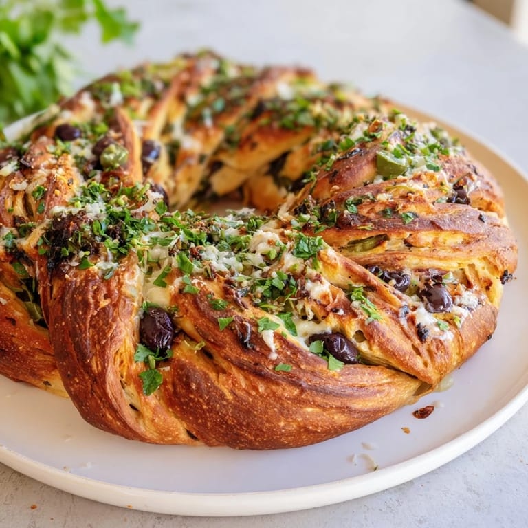 A beautiful, ring-shaped Savory Olive Wreath, featuring melty cheese and fresh herbs, perfect as a holiday appetizer.