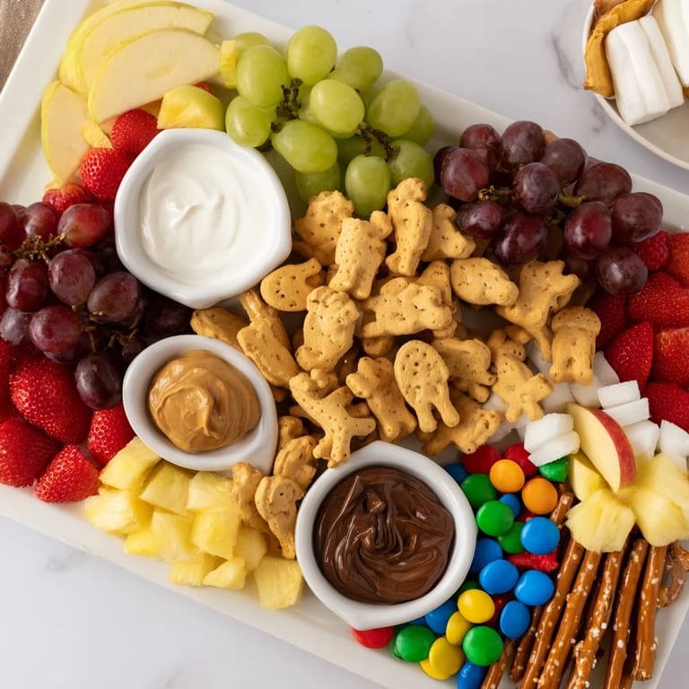 Enjoy a visually exciting Animal Cracker Safari Board: a kid-friendly platter with animal crackers, fruit, and yogurt.