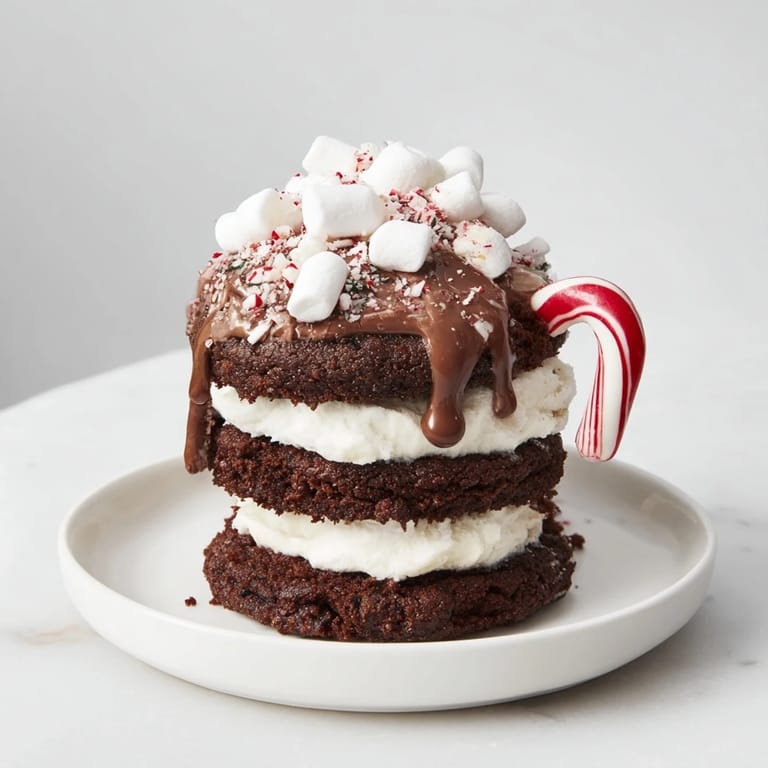 Decadent Hot Cocoa Mug Cookie Stack, a towering dessert with mini marshmallows and melted chocolate drizzle.