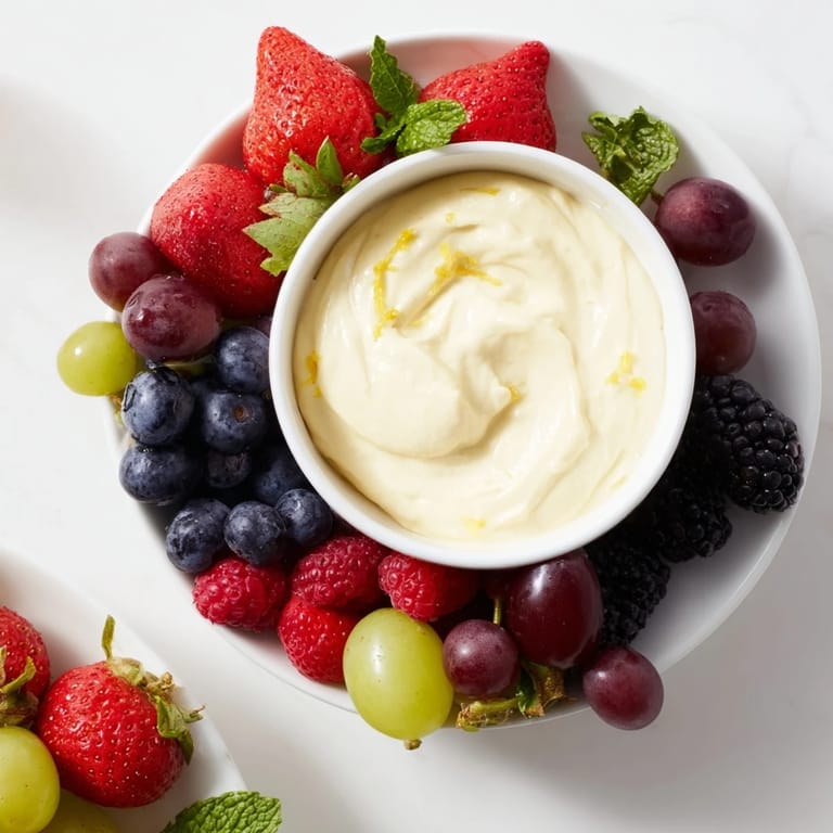 A beautifully arranged Mistletoe Kiss Berry Dip Board presents fresh berries around a creamy, lemon-kissed dip.