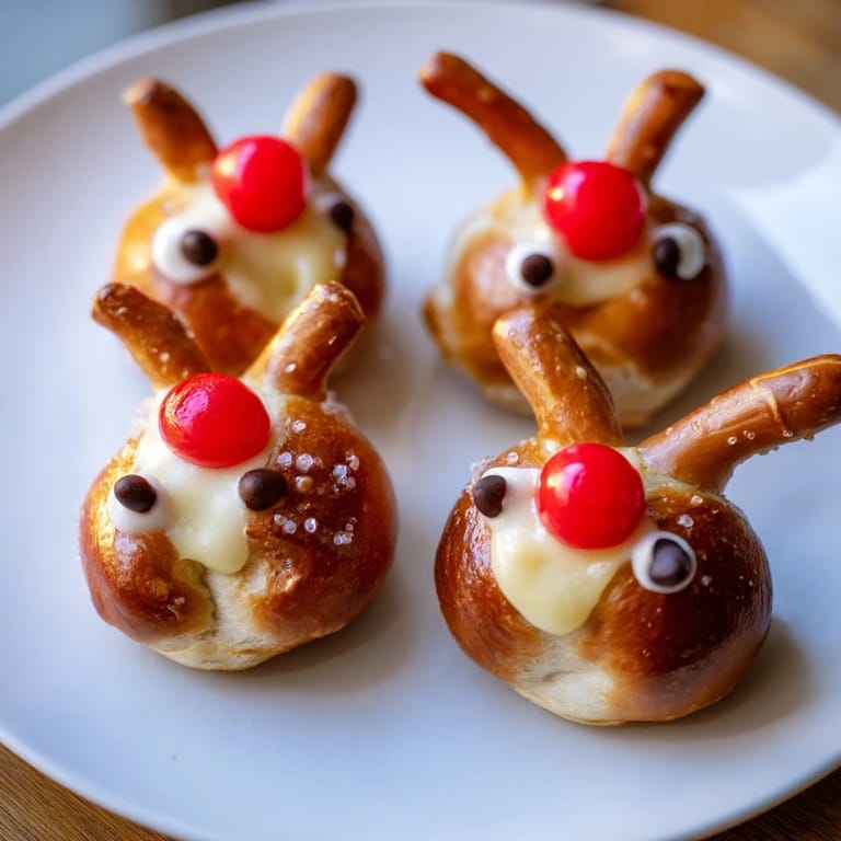Festive Rudolf's Red Nose Pretzel Bites with melting cheese, decorated like red-nosed reindeer ready to eat.