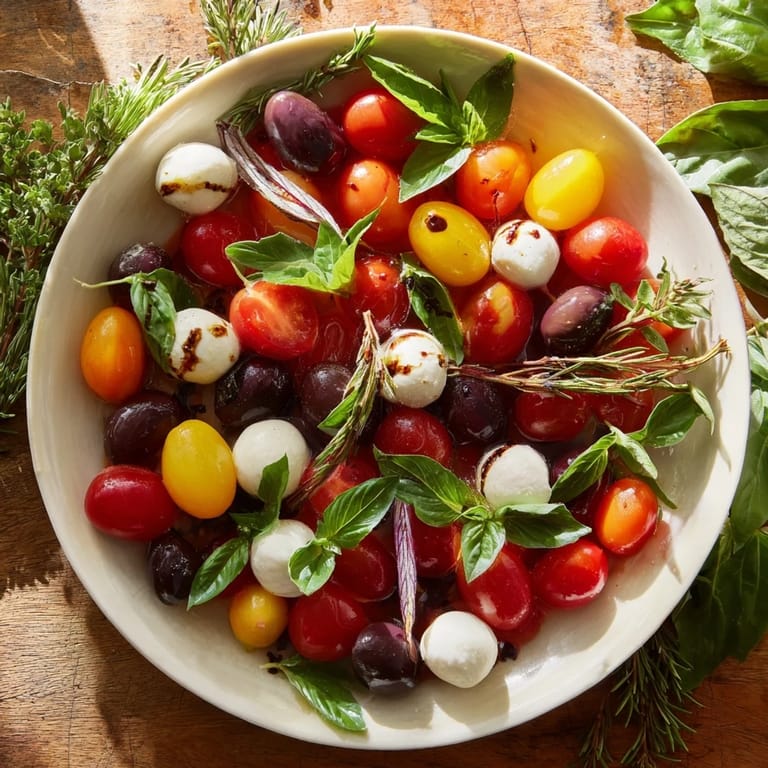 Festive appetizer wreath: A close-up of the beautiful olive and cherry tomato wreath with fresh herbs.