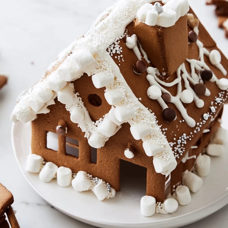A freshly-baked gingerbread house frame, awaiting its treats, is surrounded by an appealing assortment of diverse cookies.