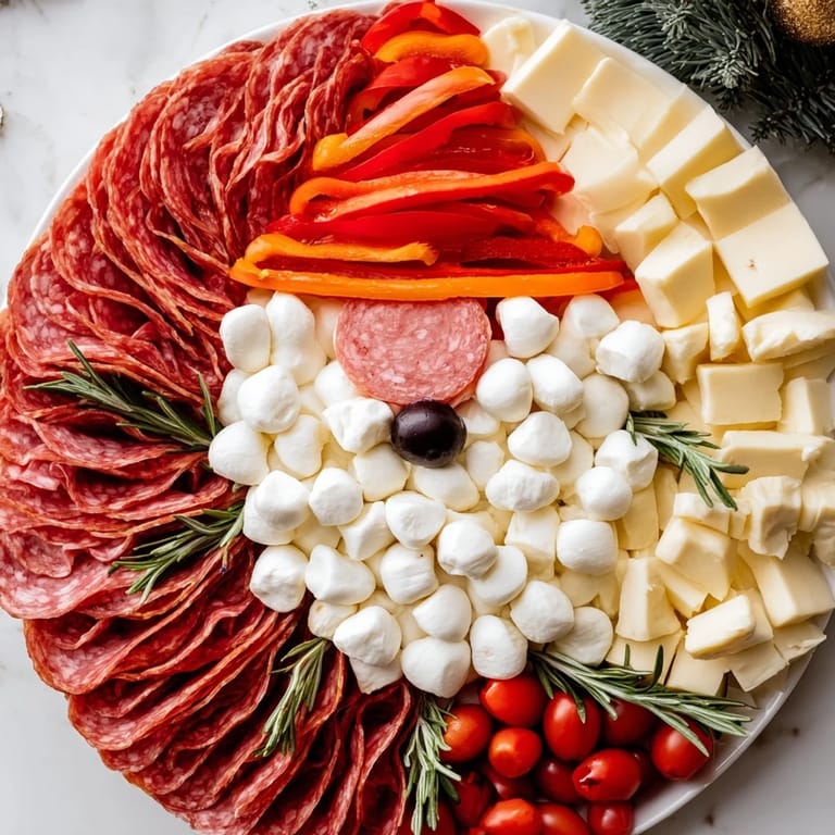 Holiday "Santa's Beard and Hat Board" platter with fresh rosemary, crackers, and delicious cheese varieties.