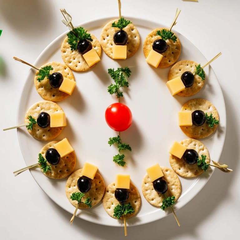 Party-ready New Years Clock Countdown platter: a delicious arrangement of cheese cubes, crackers, and olives.