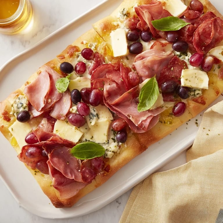 Savory The Rustic Raft appetizer features warm flatbreads piled high with grapes, cheese, and meats.