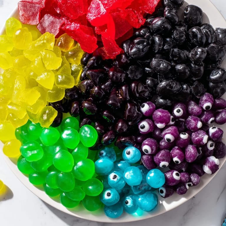 This festive Poison Apple Candy Platter presents a vibrant mix of sweets perfect for any Halloween spread.