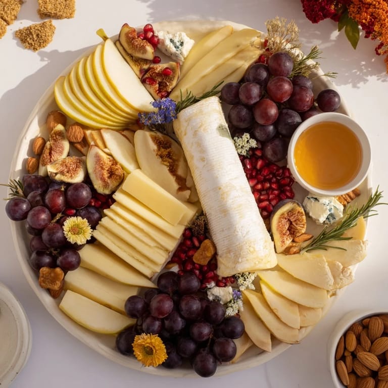 A visually stunning Star of Bethlehem cheese board with creamy brie and colorful fruits, perfect for entertaining.