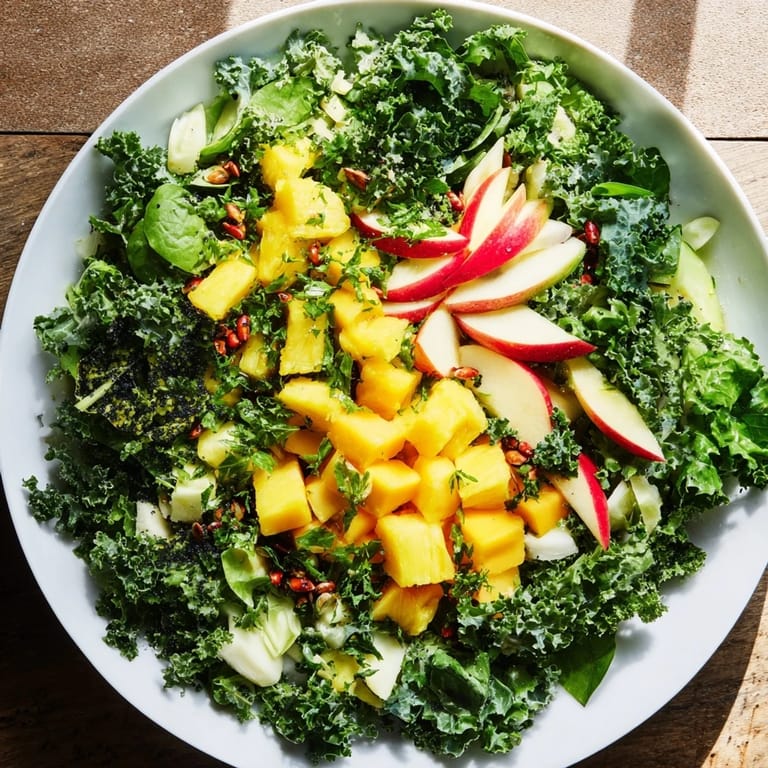 A visually stunning bowl of The Sunlit Glade salad, featuring fresh mango and pineapple with herbs.