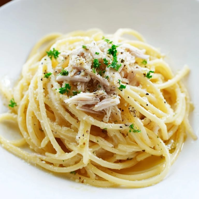 Shredded chicken sits atop Simple Garlic Butter Bucatini, a flavorful pasta dish perfect for dinner.