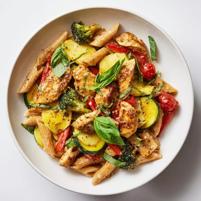 A close-up of the flavorful 5-4-3-2-1 Pasta Primavera, highlighting the fresh basil and Parmesan cheese garnish.